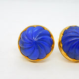 Large 18ct Yellow Gold & Carved Lapis Lazuli Swirl Stud Earrings Vintage