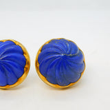 Large 18ct Yellow Gold & Carved Lapis Lazuli Swirl Stud Earrings Vintage