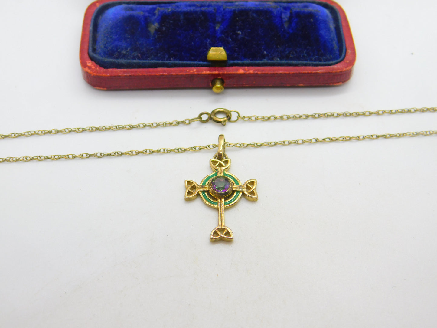 Gold on Sterling Silver Mystic Topaz Set Green Enamel Celtic Cross Necklace