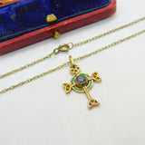 Gold on Sterling Silver Mystic Topaz Set Green Enamel Celtic Cross Necklace