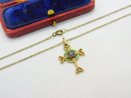 Gold on Sterling Silver Mystic Topaz Set Green Enamel Celtic Cross Necklace