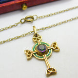 Gold on Sterling Silver Mystic Topaz Set Green Enamel Celtic Cross Necklace