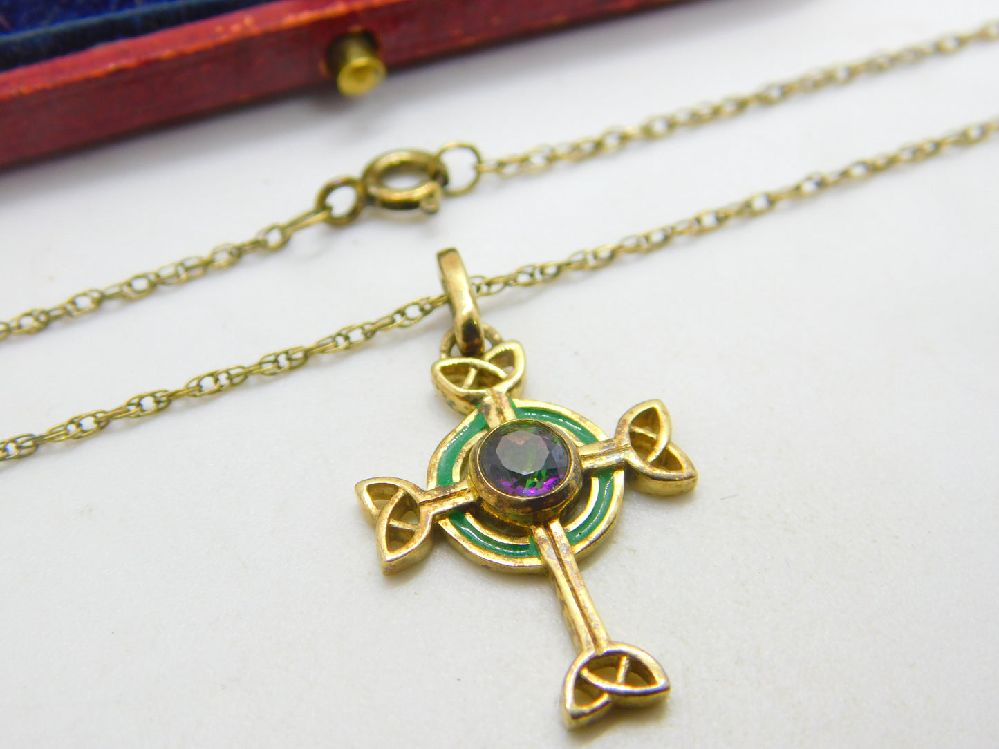 Gold on Sterling Silver Mystic Topaz Set Green Enamel Celtic Cross Necklace