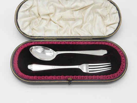 Boxed Sterling Silver Christening Spoon & Fork Set 1936 Sheffield Antique