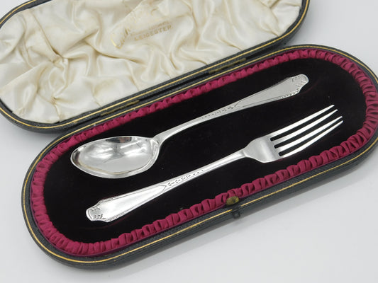 Boxed Sterling Silver Christening Spoon & Fork Set 1936 Sheffield Antique