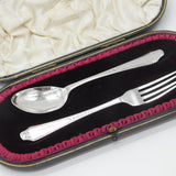Boxed Sterling Silver Christening Spoon & Fork Set 1936 Sheffield Antique