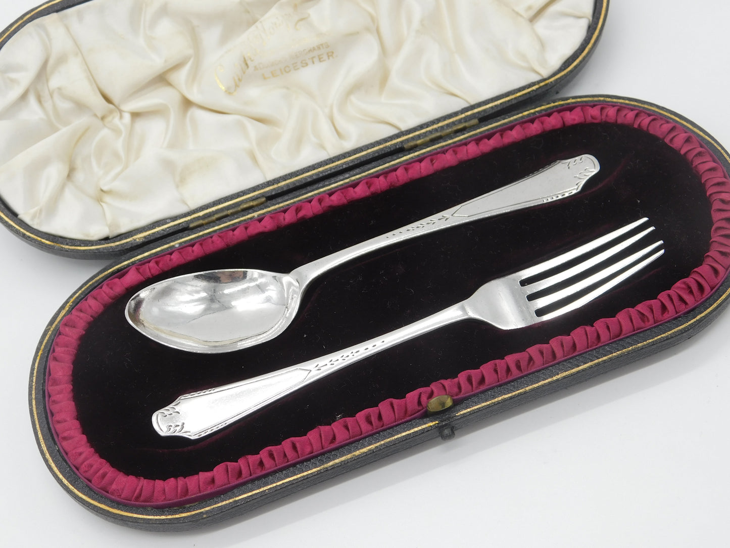 Boxed Sterling Silver Christening Spoon & Fork Set 1936 Sheffield Antique