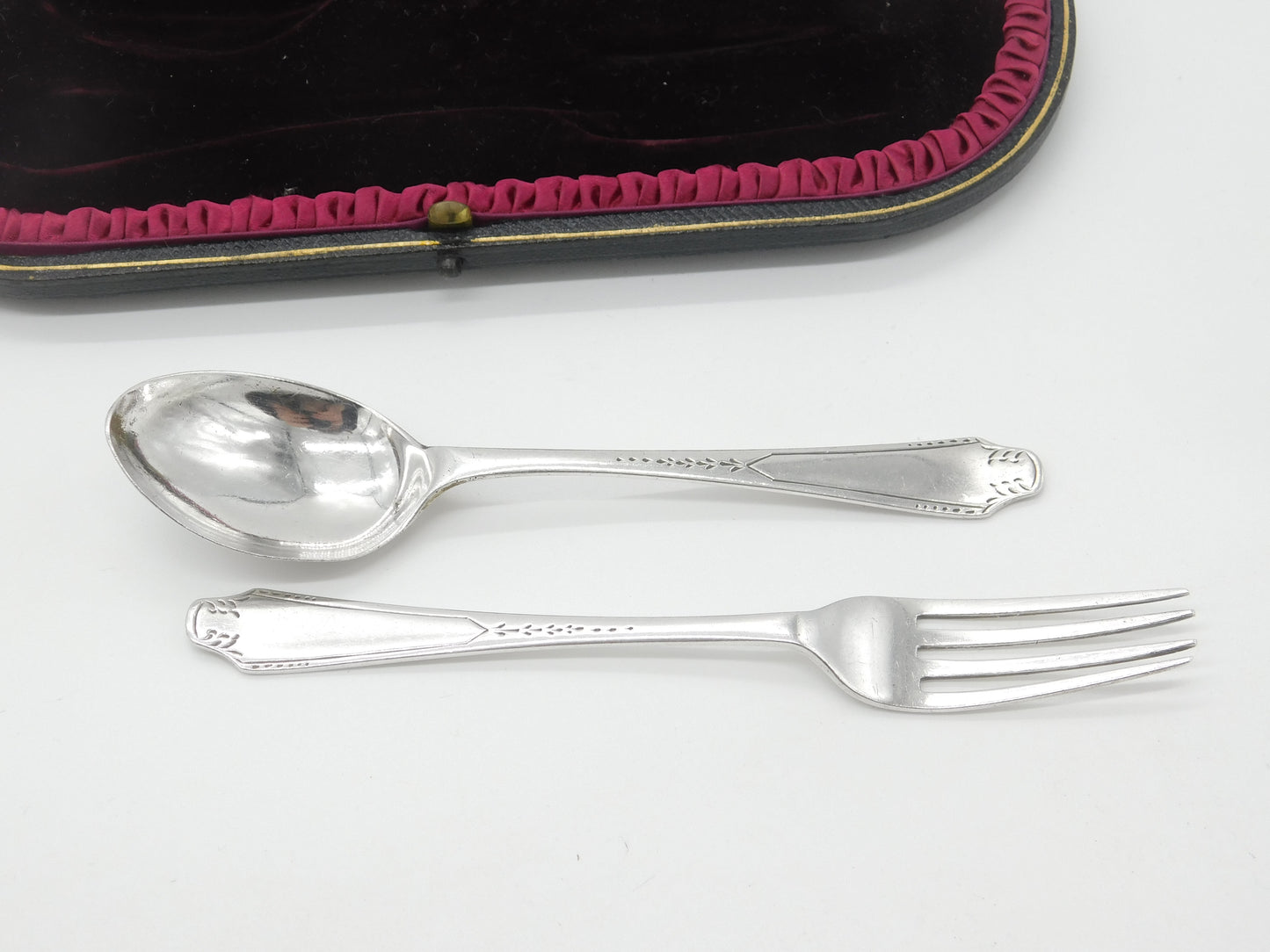 Boxed Sterling Silver Christening Spoon & Fork Set 1936 Sheffield Antique