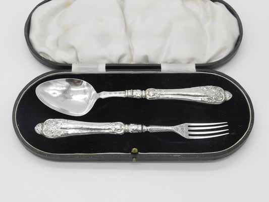 Boxed Victorian Sterling Silver Picture Back Christening Set 1854 Birmingham