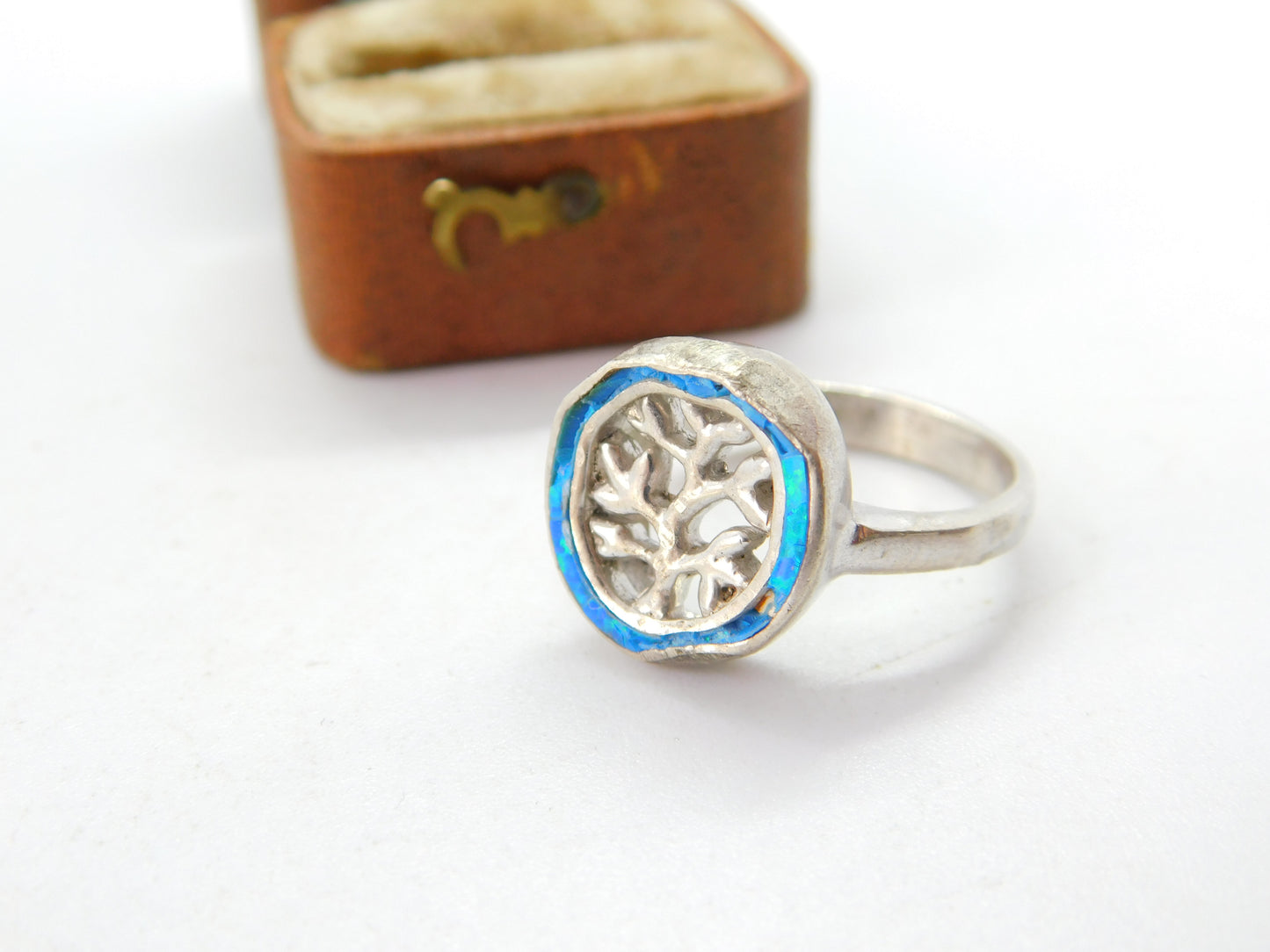 Planished Sterling Silver & Greek Opal Tree of Life Ring Vintage c1990