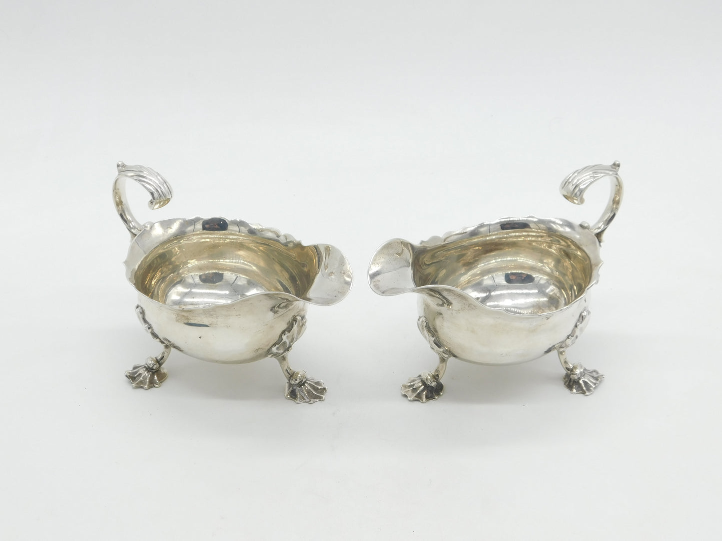 George II Pair of Sterling Silver Shell Foot Sauce Boats Antique 1758 London