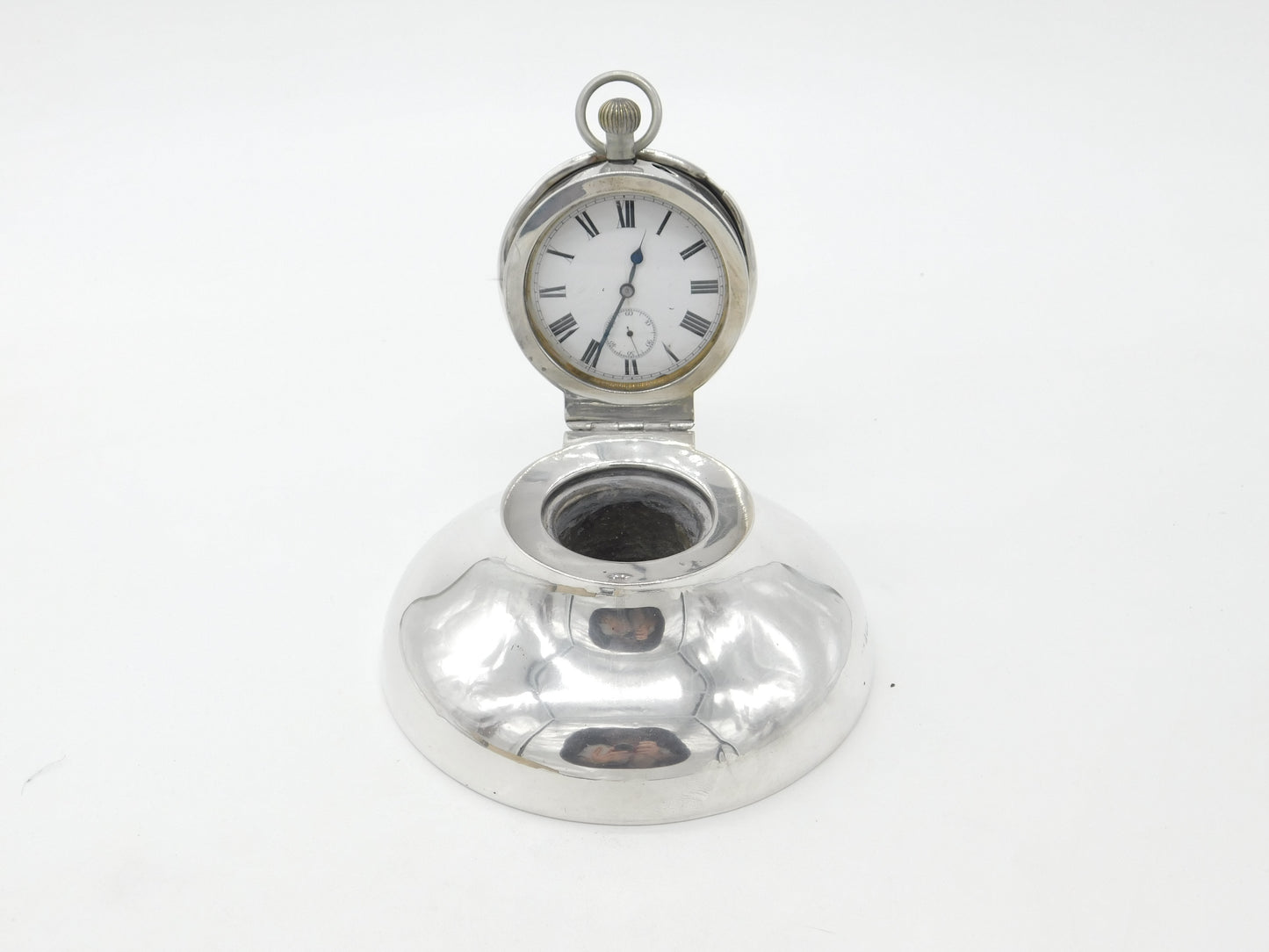 Large Sterling Silver Capstan Inkwell with Pocket Watch Lid 1912 Birmingham