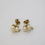9ct Yellow Gold Cultured Pearl Shamrock Stud Earrings Vintage c1970