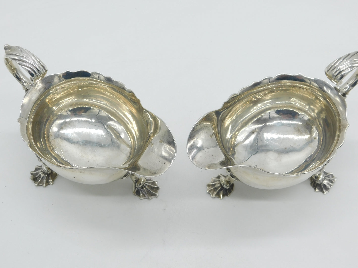 George II Pair of Sterling Silver Shell Foot Sauce Boats Antique 1758 London