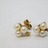 9ct Yellow Gold Cultured Pearl Shamrock Stud Earrings Vintage c1970