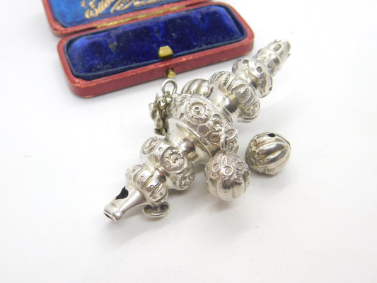 Victorian Sterling Silver Floral Baby Rattle Antique 1888 Birmingham