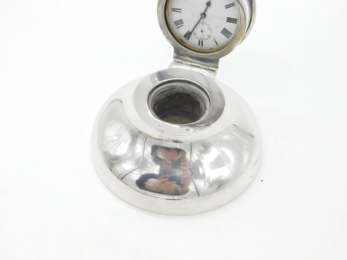 Large Sterling Silver Capstan Inkwell with Pocket Watch Lid 1912 Birmingham