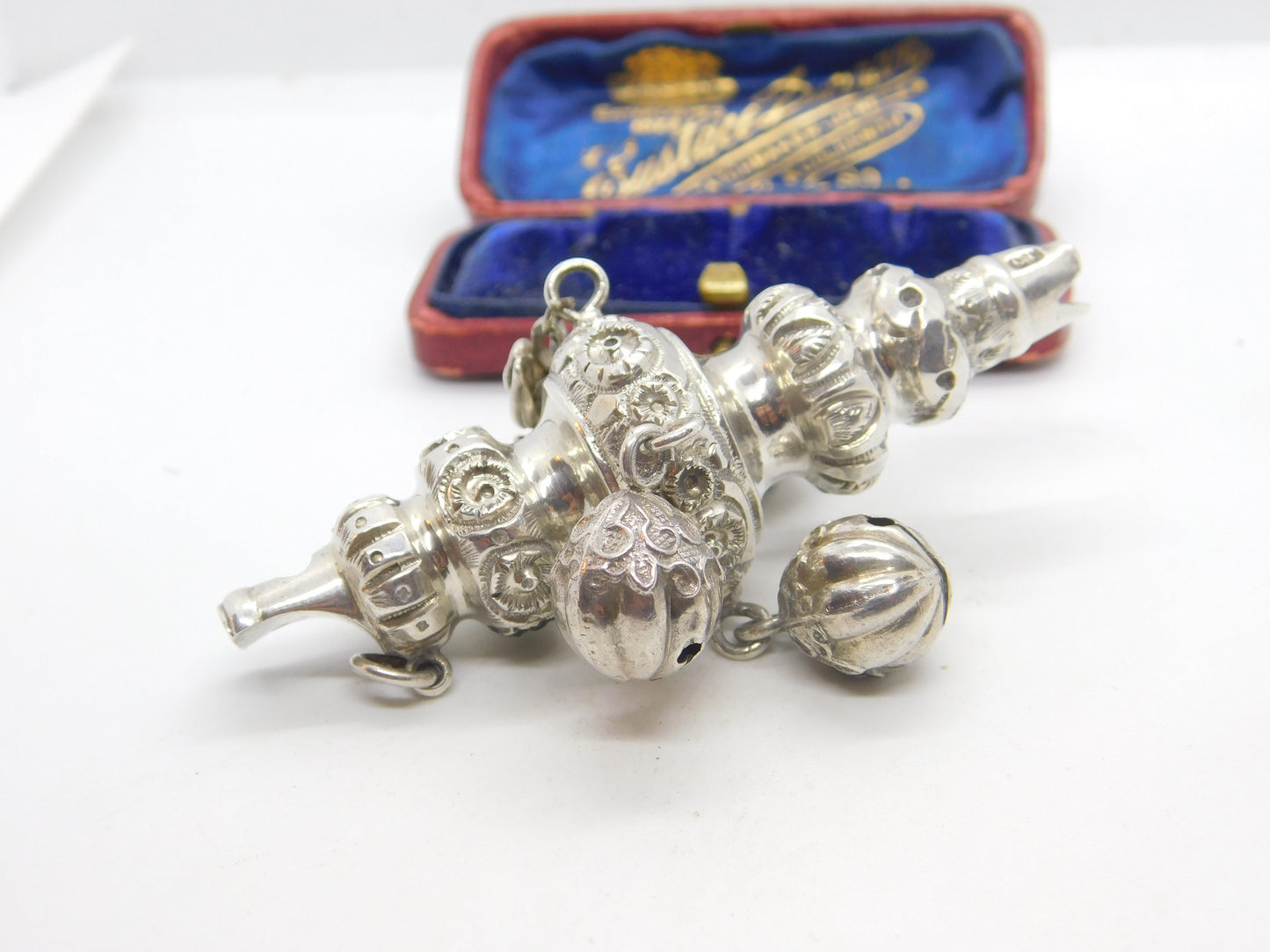 Victorian Sterling Silver Floral Baby Rattle Antique 1888 Birmingham