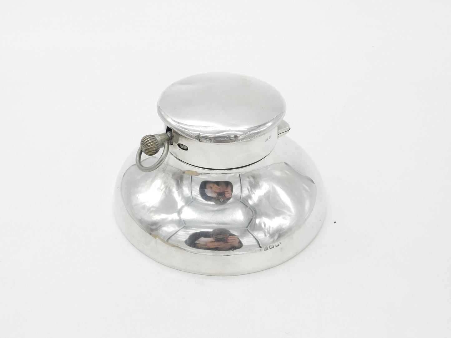 Large Sterling Silver Capstan Inkwell with Pocket Watch Lid 1912 Birmingham