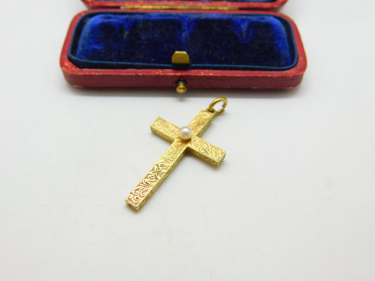 Victorian 15ct Yellow Gold & Seed Pearl Floral Cross Pendant Antique c1860