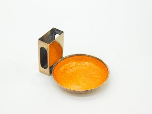 Gold Plated Orange Guilloche Enamel Ashtray & Match Box Holder c1920 Art Deco