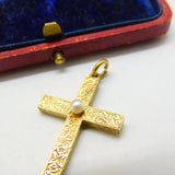 Victorian 15ct Yellow Gold & Seed Pearl Floral Cross Pendant Antique c1860