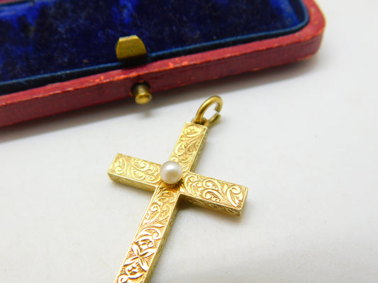 Victorian 15ct Yellow Gold & Seed Pearl Floral Cross Pendant Antique c1860