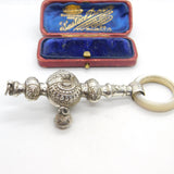 Victorian Sterling Silver & Mother of Pearl Baby Rattle with Bells 1901 Antique
