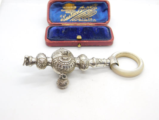 Victorian Sterling Silver & Mother of Pearl Baby Rattle with Bells 1901 Antique