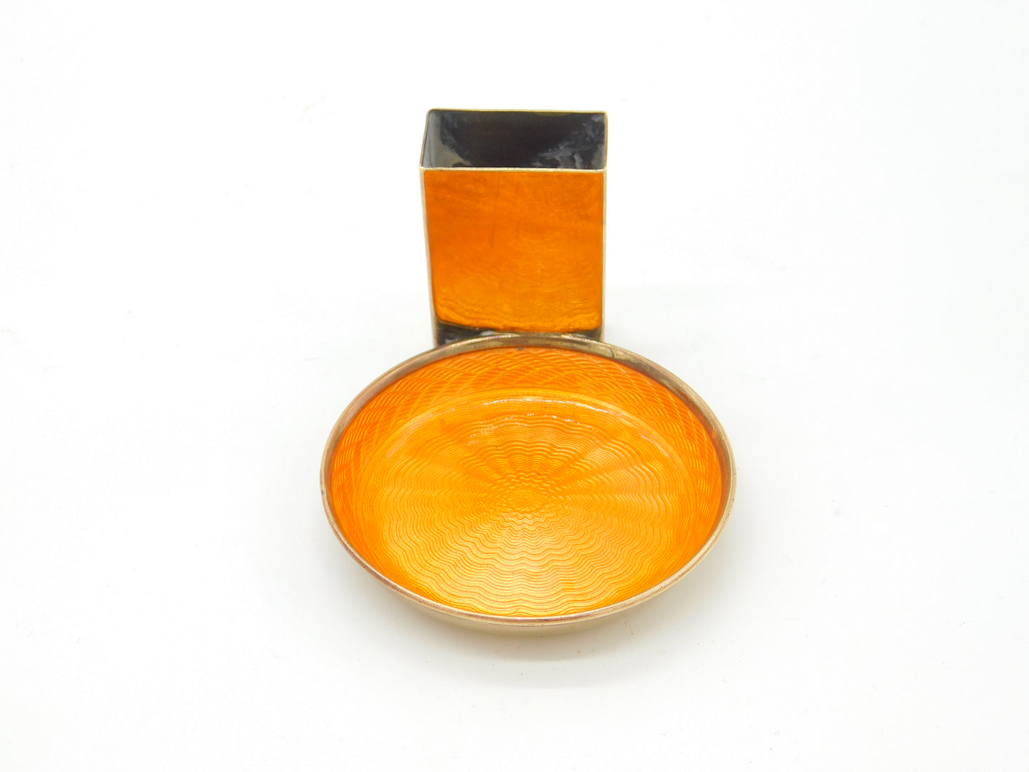 Gold Plated Orange Guilloche Enamel Ashtray & Match Box Holder c1920 Art Deco