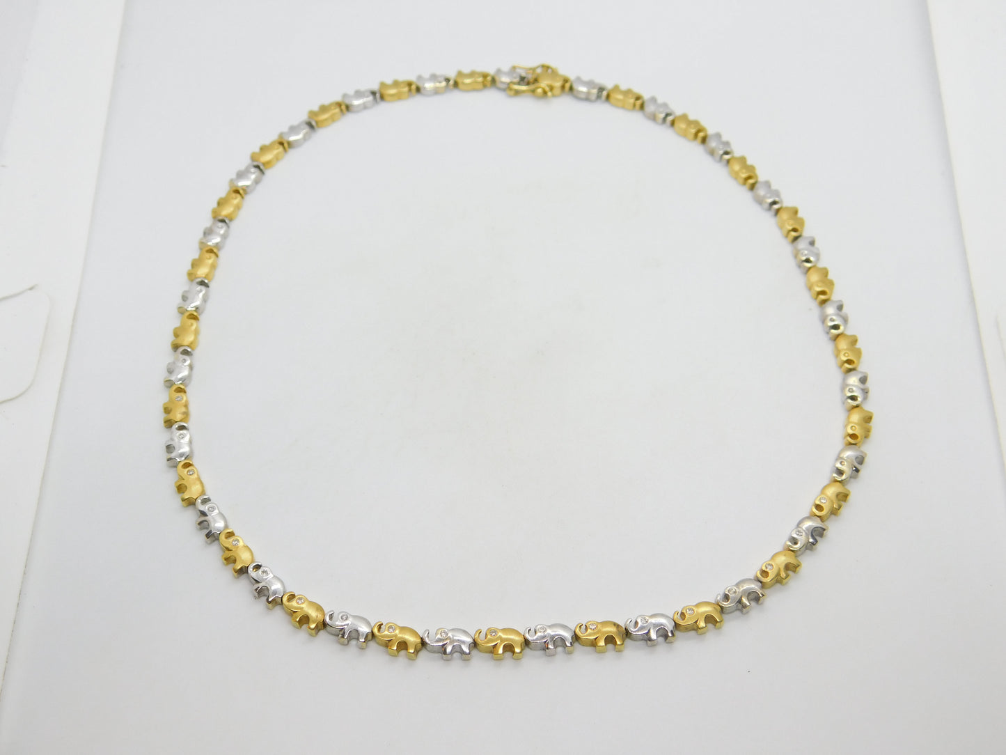 18ct Yellow & White Gold Diamond Set Elephant Train Necklace Vintage c1980