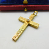 Victorian 15ct Yellow Gold & Seed Pearl Floral Cross Pendant Antique c1860