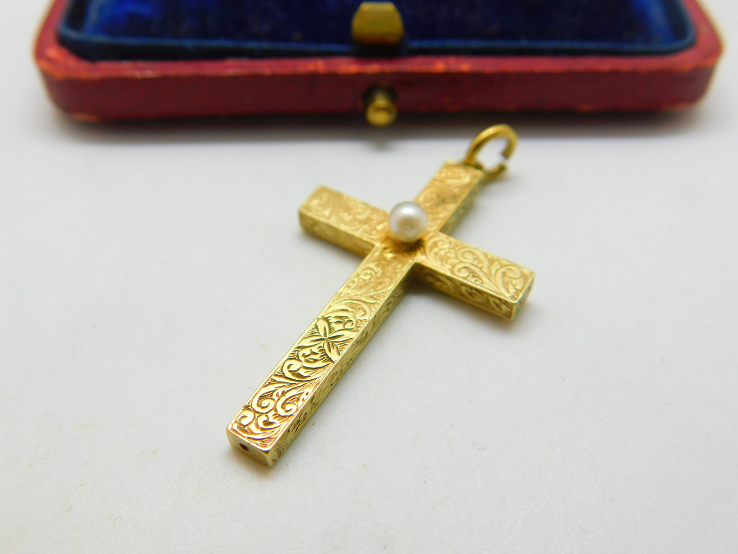 Victorian 15ct Yellow Gold & Seed Pearl Floral Cross Pendant Antique c1860