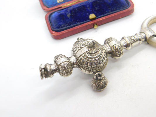 Victorian Sterling Silver & Mother of Pearl Baby Rattle with Bells 1901 Antique