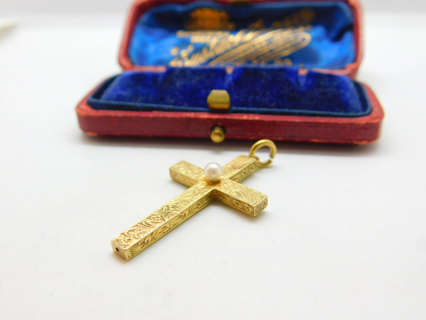 Victorian 15ct Yellow Gold & Seed Pearl Floral Cross Pendant Antique c1860