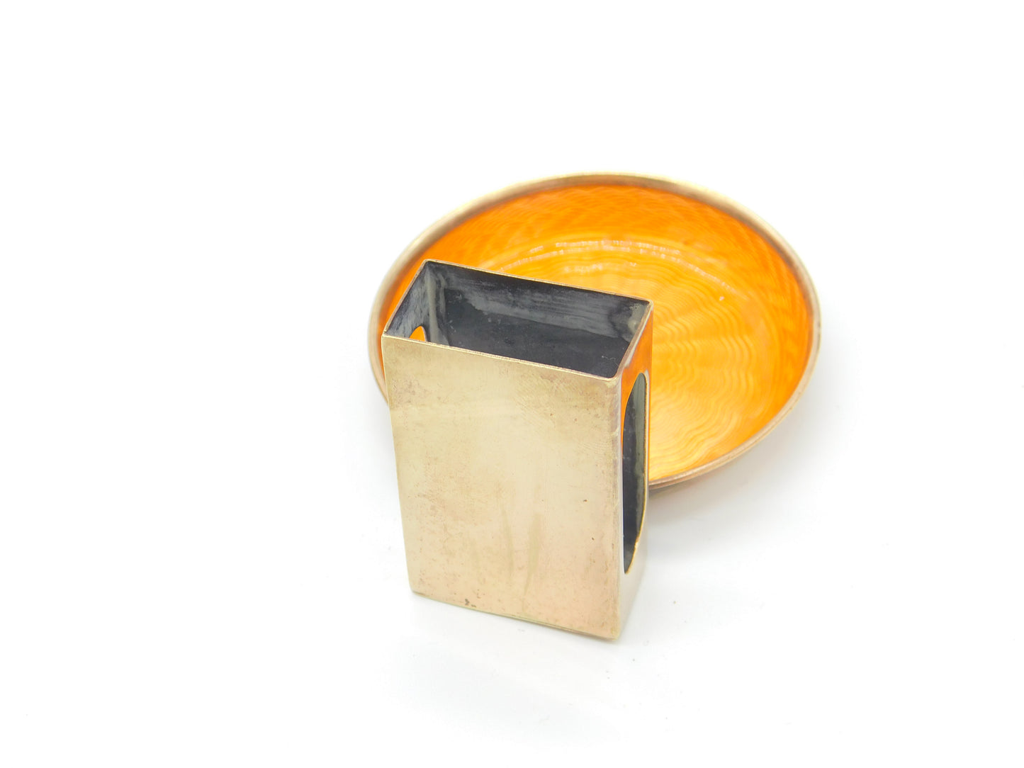 Gold Plated Orange Guilloche Enamel Ashtray & Match Box Holder c1920 Art Deco