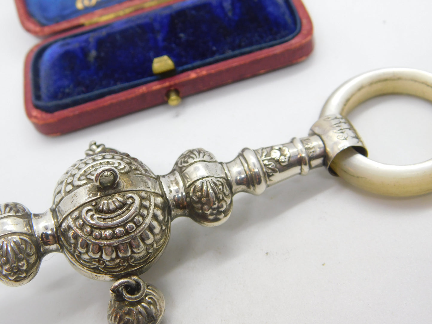 Victorian Sterling Silver & Mother of Pearl Baby Rattle with Bells 1901 Antique