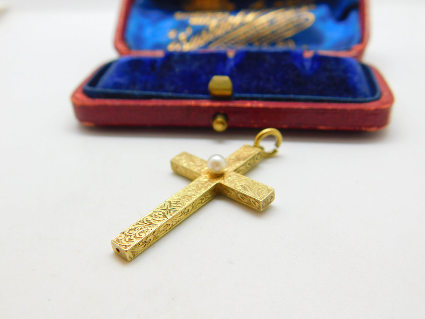 Victorian 15ct Yellow Gold & Seed Pearl Floral Cross Pendant Antique c1860