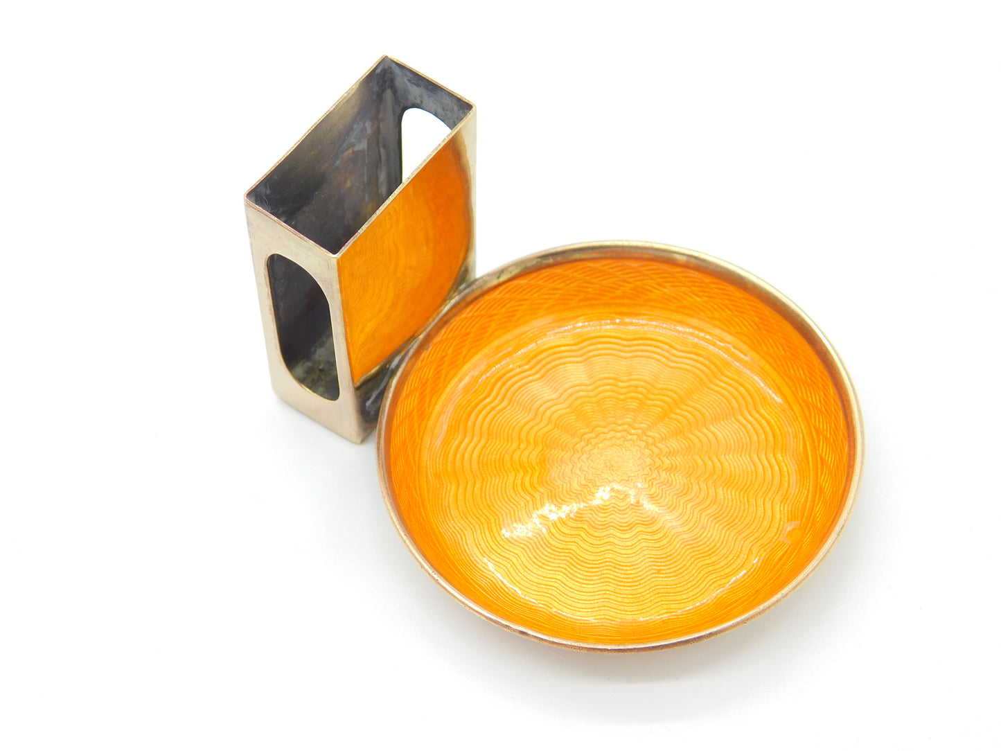 Gold Plated Orange Guilloche Enamel Ashtray & Match Box Holder c1920 Art Deco