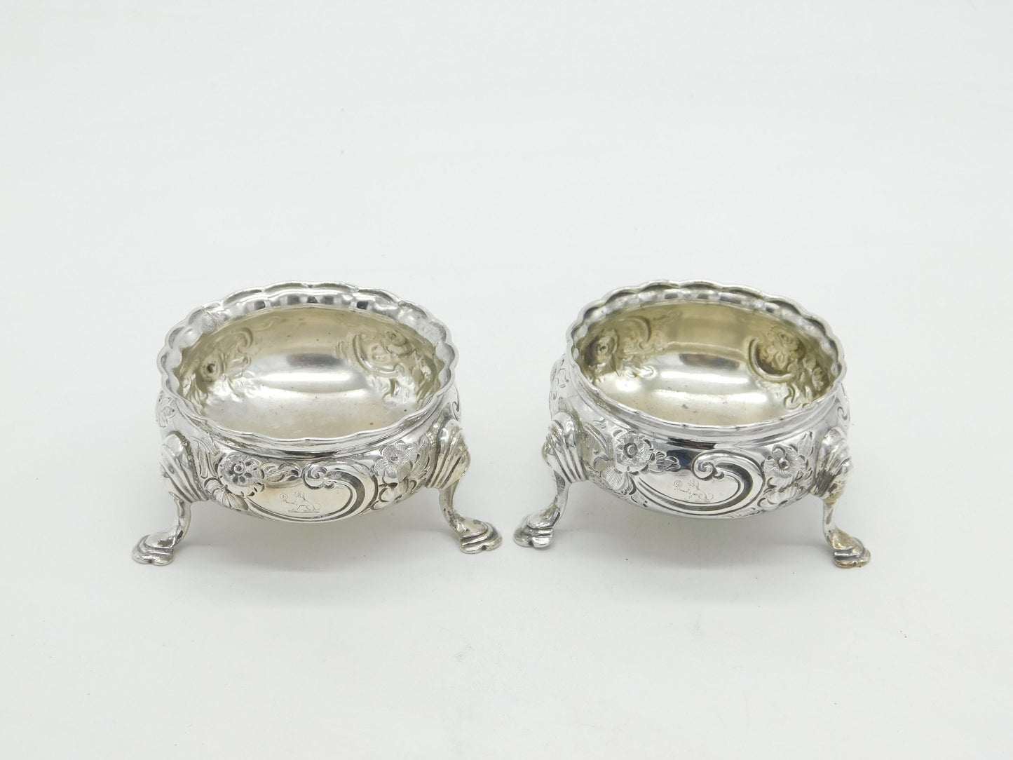 George II Pair of Sterling Silver Floral Salt Cellars Antique 1746 London