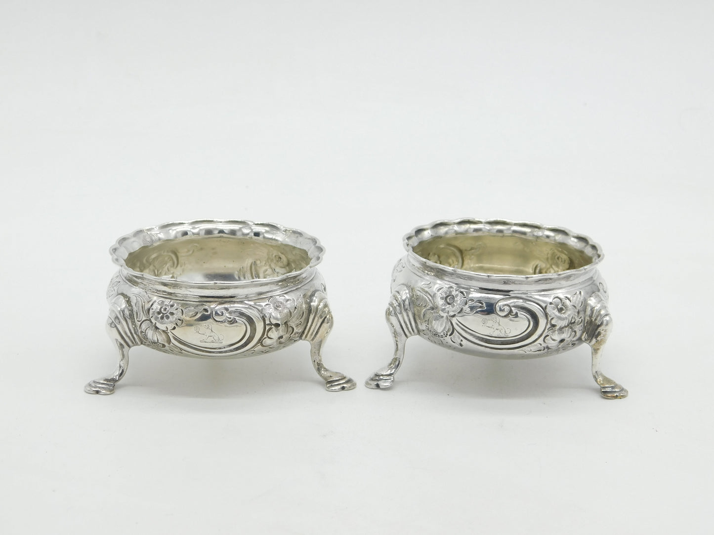 George II Pair of Sterling Silver Floral Salt Cellars Antique 1746 London