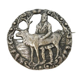 Scandinavian .830 Silver Reindeer Herder Floral Brooch Vintage c1960