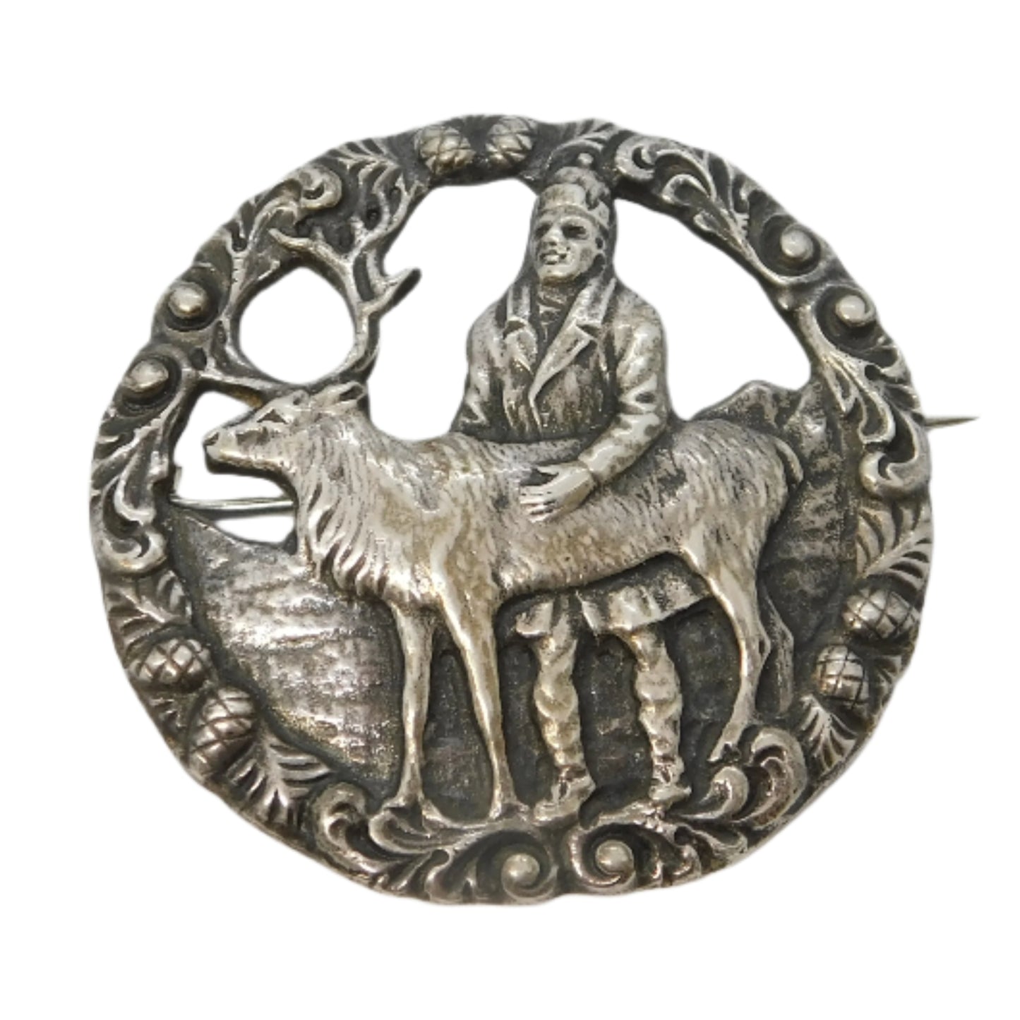 Scandinavian .830 Silver Reindeer Herder Floral Brooch Vintage c1960