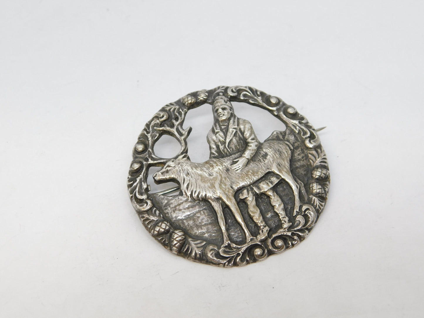 Scandinavian .830 Silver Reindeer Herder Floral Brooch Vintage c1960