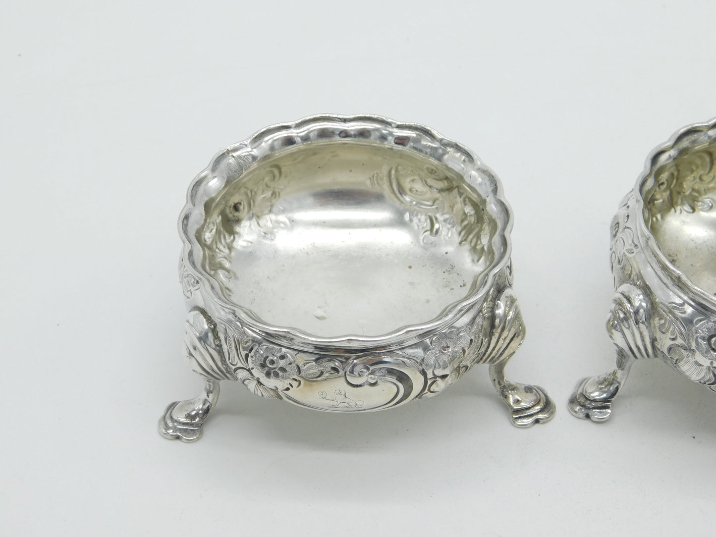 George II Pair of Sterling Silver Floral Salt Cellars Antique 1746 London