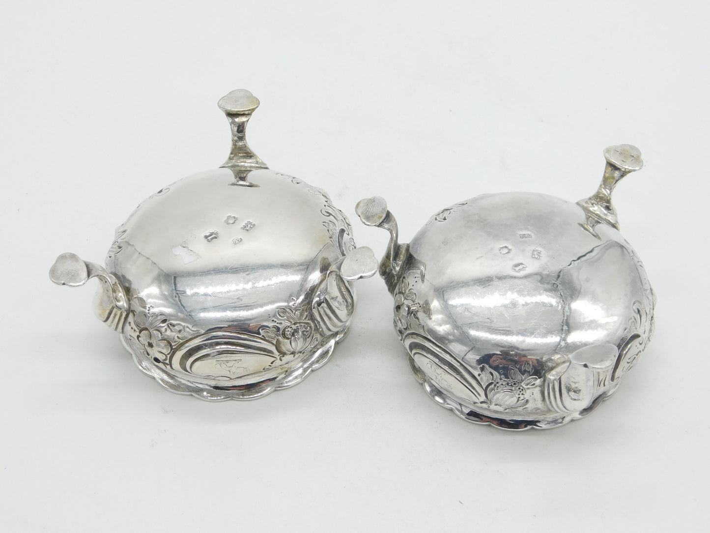 George II Pair of Sterling Silver Floral Salt Cellars Antique 1746 London