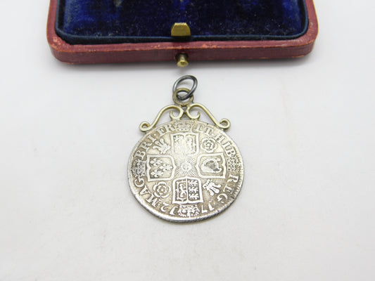 Sterling Silver Queen Anne Plain Bust Shilling Coin Pendant Charm 1712 Antique