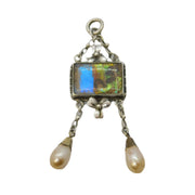 Sterling Silver, Butterfly Wing, Cultured Pearl Shamrock Drop Pendant Antique c1920