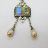 Sterling Silver, Butterfly Wing, Cultured Pearl Shamrock Drop Pendant Antique c1920