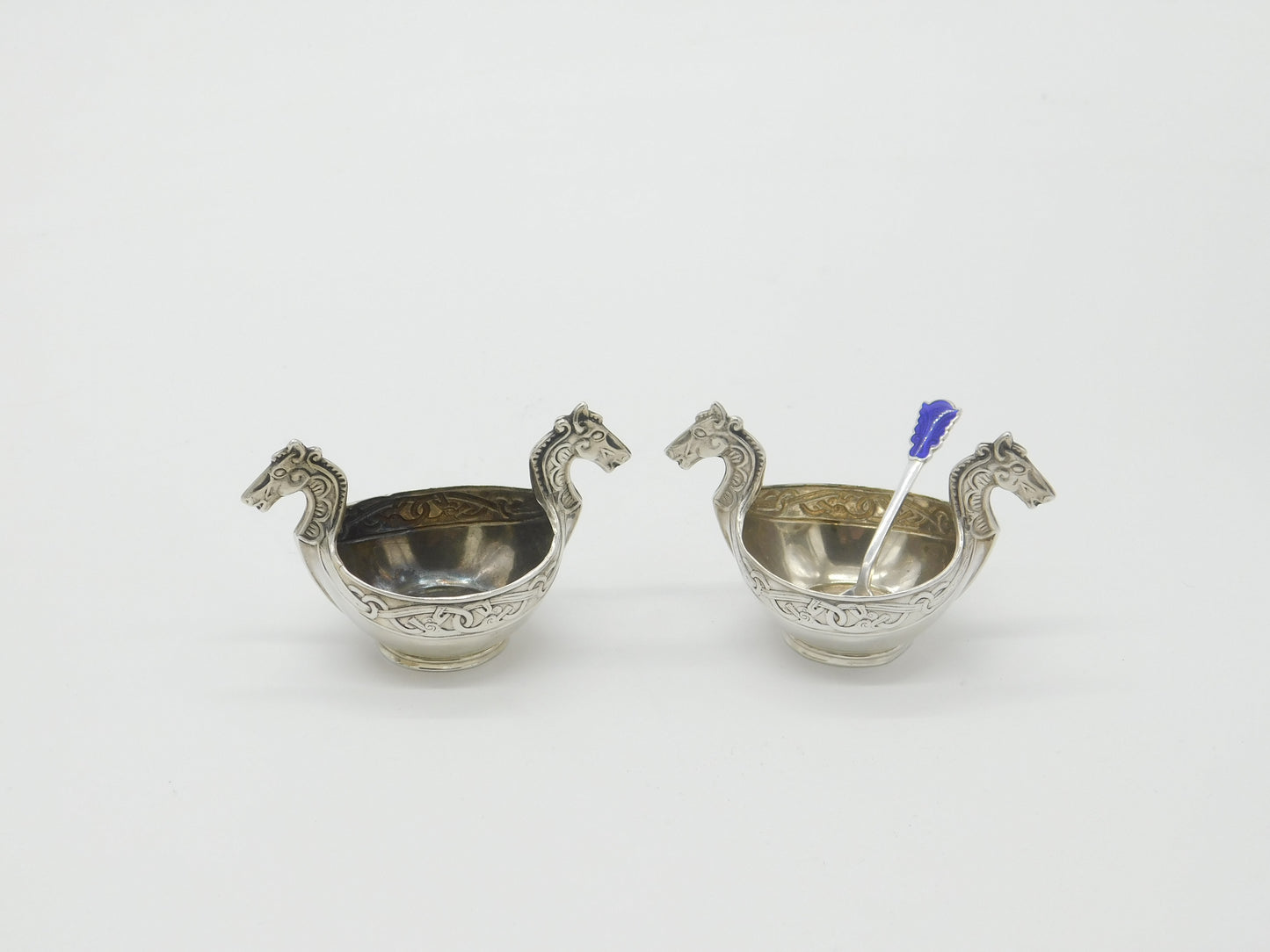 Norwegian Pair of .830 Silver Viking Ship Salt Cellars Antique c1930 Art Deco